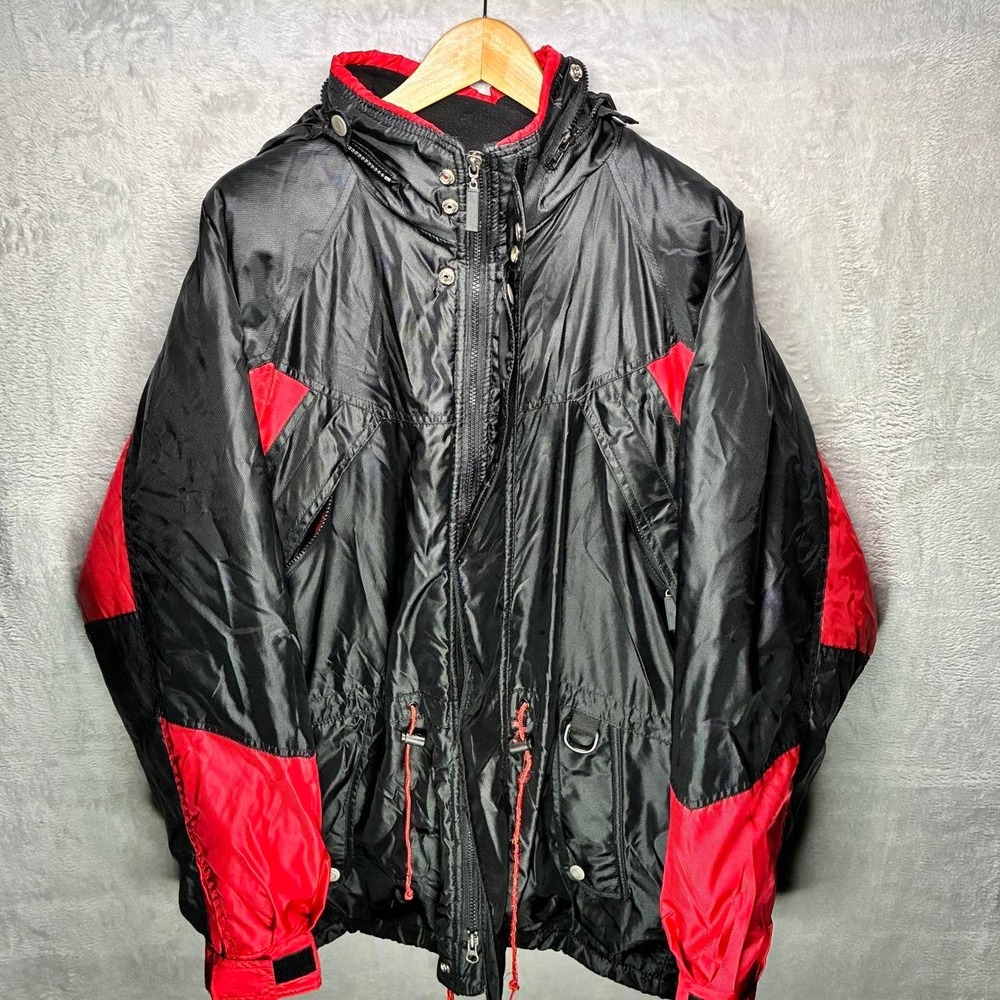 Vintage West Point Mens Black Red Colorblock Quilted Parka Jacket Hooded Medium